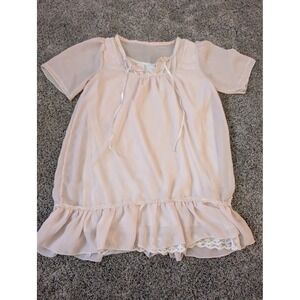 Vintage Women's Pink Chiffon Lace Trim Nightgown Short Sleeve Babydoll S
